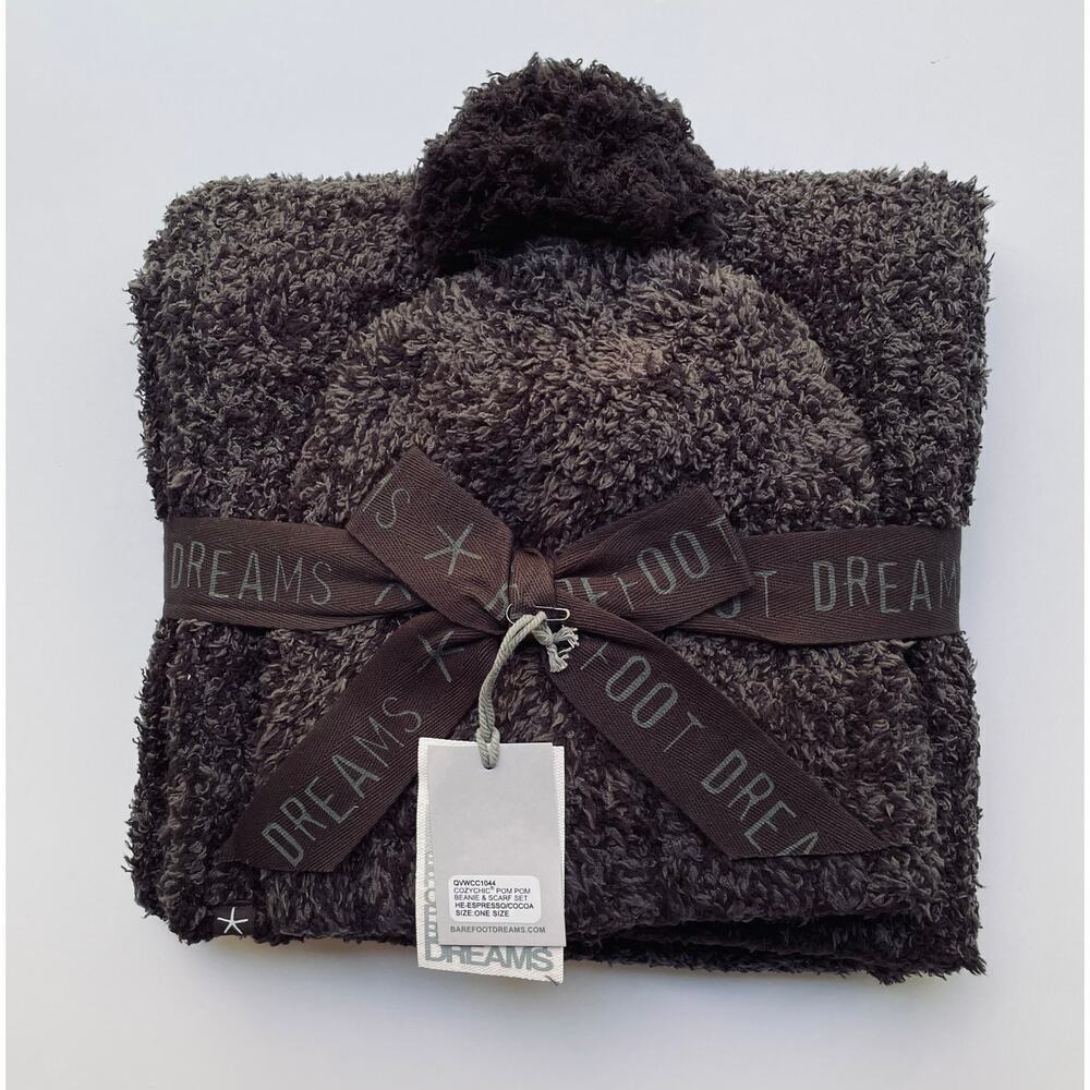 Barefoot Dreams Pom Pom Beanie and Scarf Set Cozychic Espresso Cocoa NEW